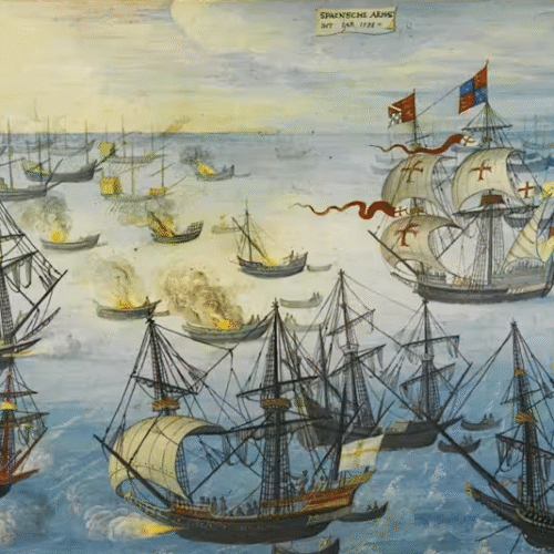 ภาพเหตุการณ์กองเรือ Spanish Armada เผชิญกองเรืออังกฤษ ค.ศ. 1588