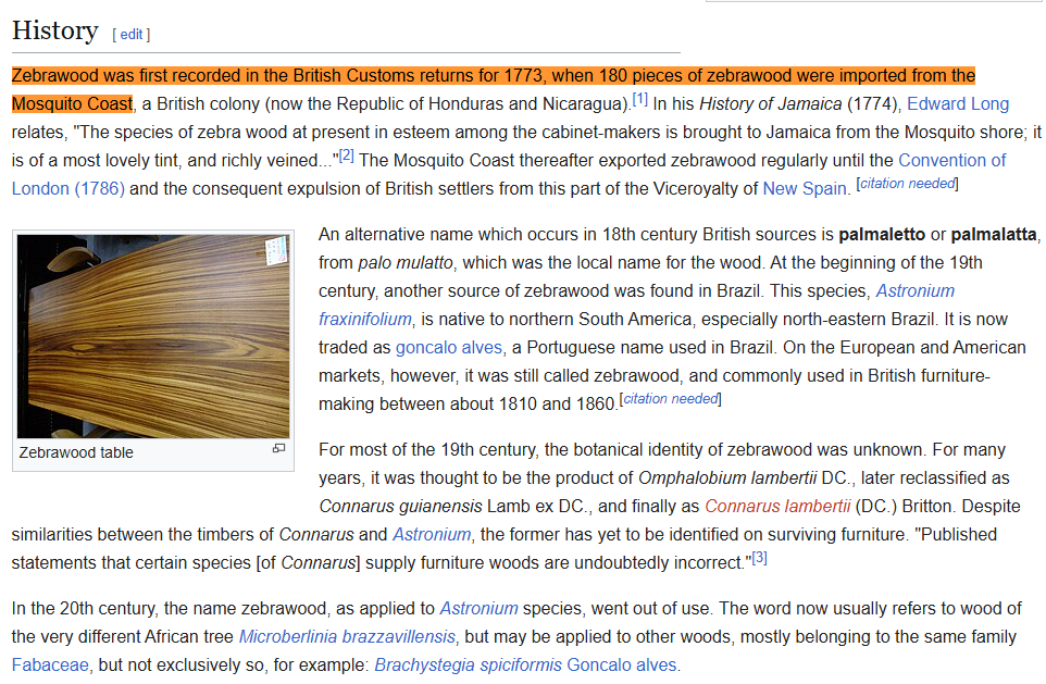 หลักฐานข้อความการนำเข้า Zebrawood 180 ชิ้นจาก Mosquito Coast ค.ศ. 1773